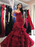 Mermaid Sweetheart Burgundy Appliques Lace up Tulle Prom Dresses LBQ1880